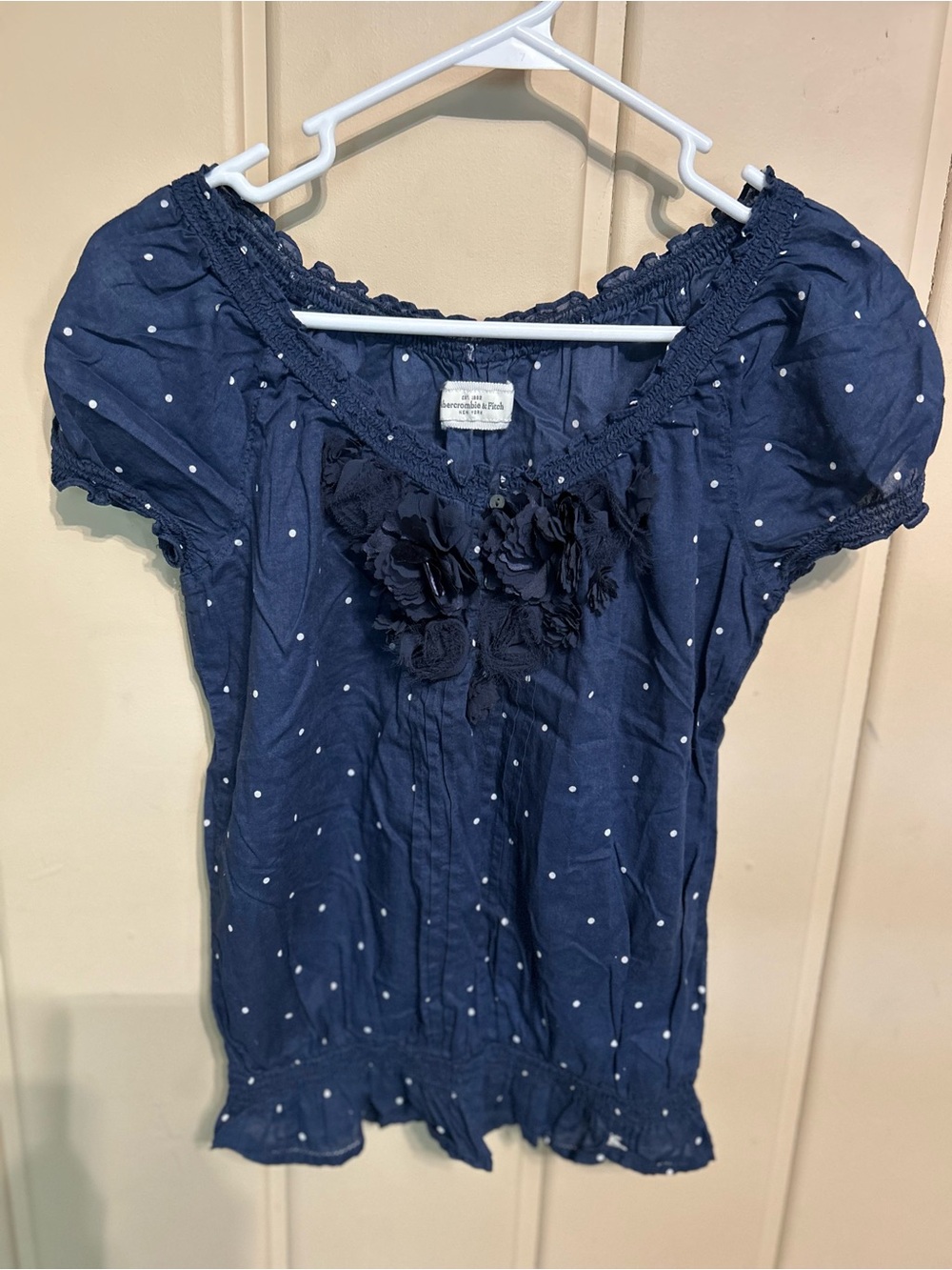 Abercrombie & Fitch Navy Blue Polka Dot Short Sleeve Blouse